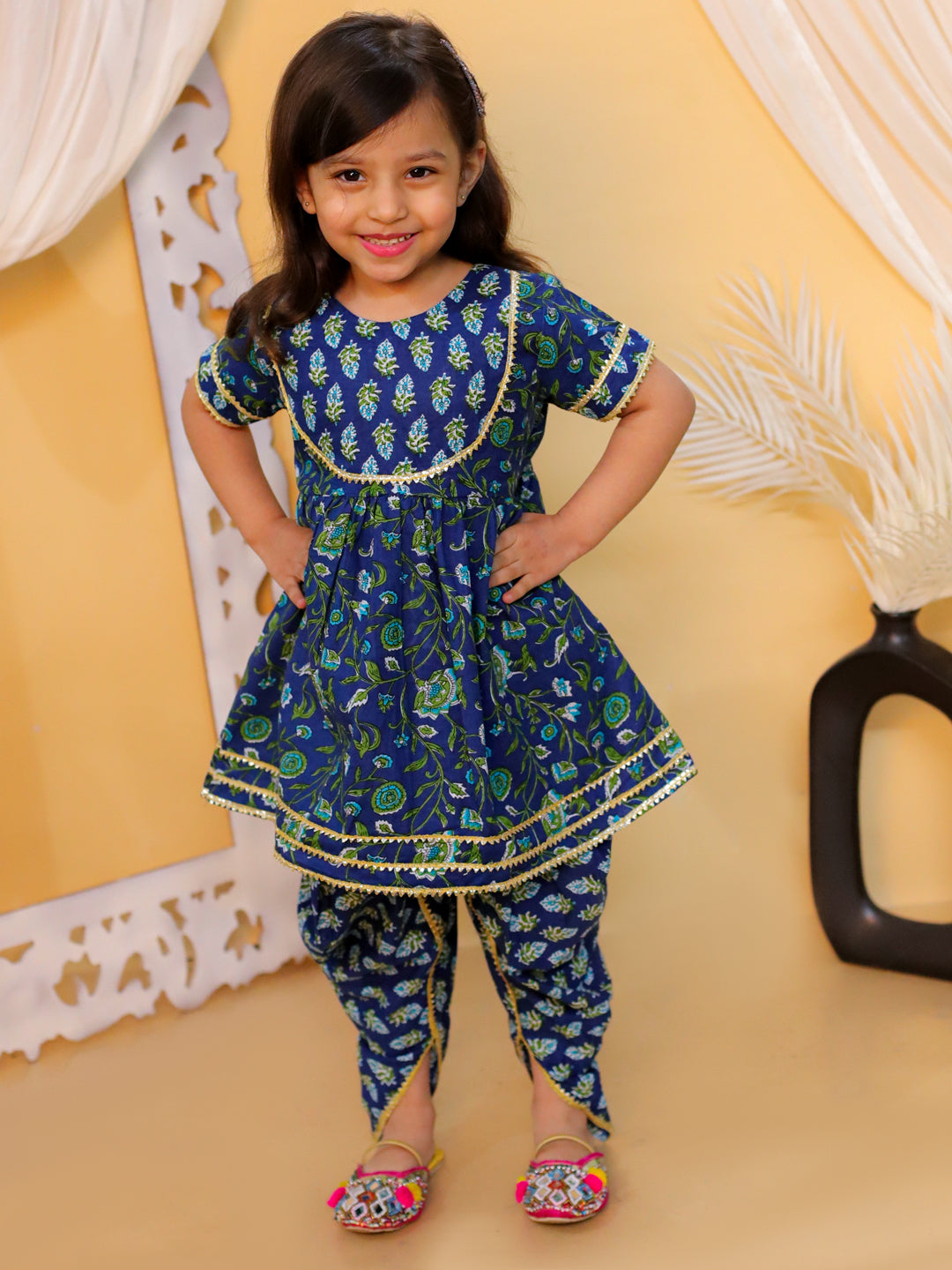 BownBee Sibling Set Pure Cotton Printed Kurta Dhoti with Pure Cotton Patch Top Dhoti-Blue