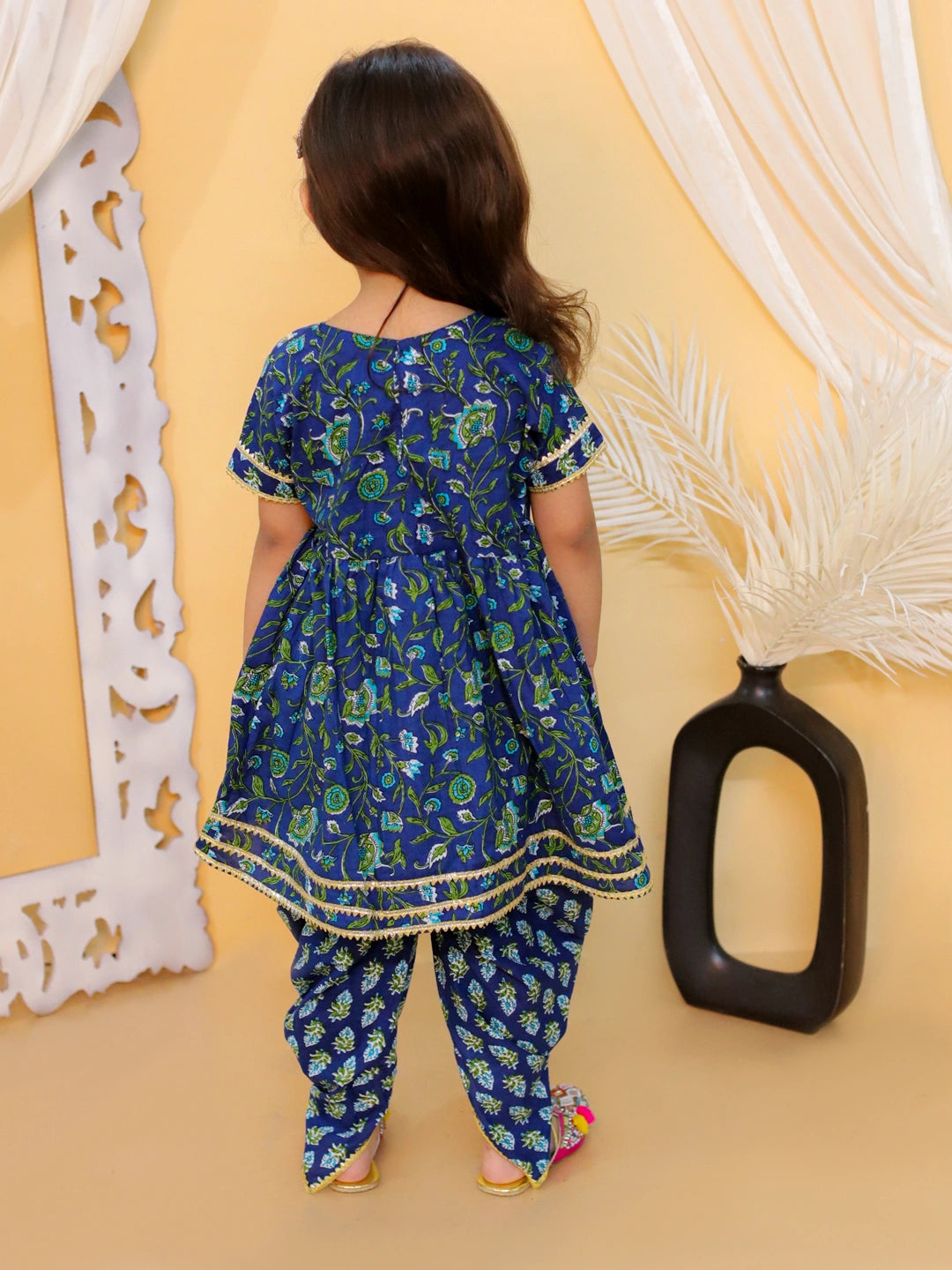 BownBee Girls  Pure Cotton Floral Printed Top with Dhoti for Girls