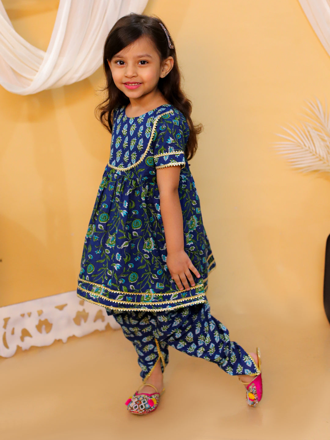 BownBee Sibling Set Pure Cotton Printed Kurta Dhoti with Pure Cotton Patch Top Dhoti-Blue