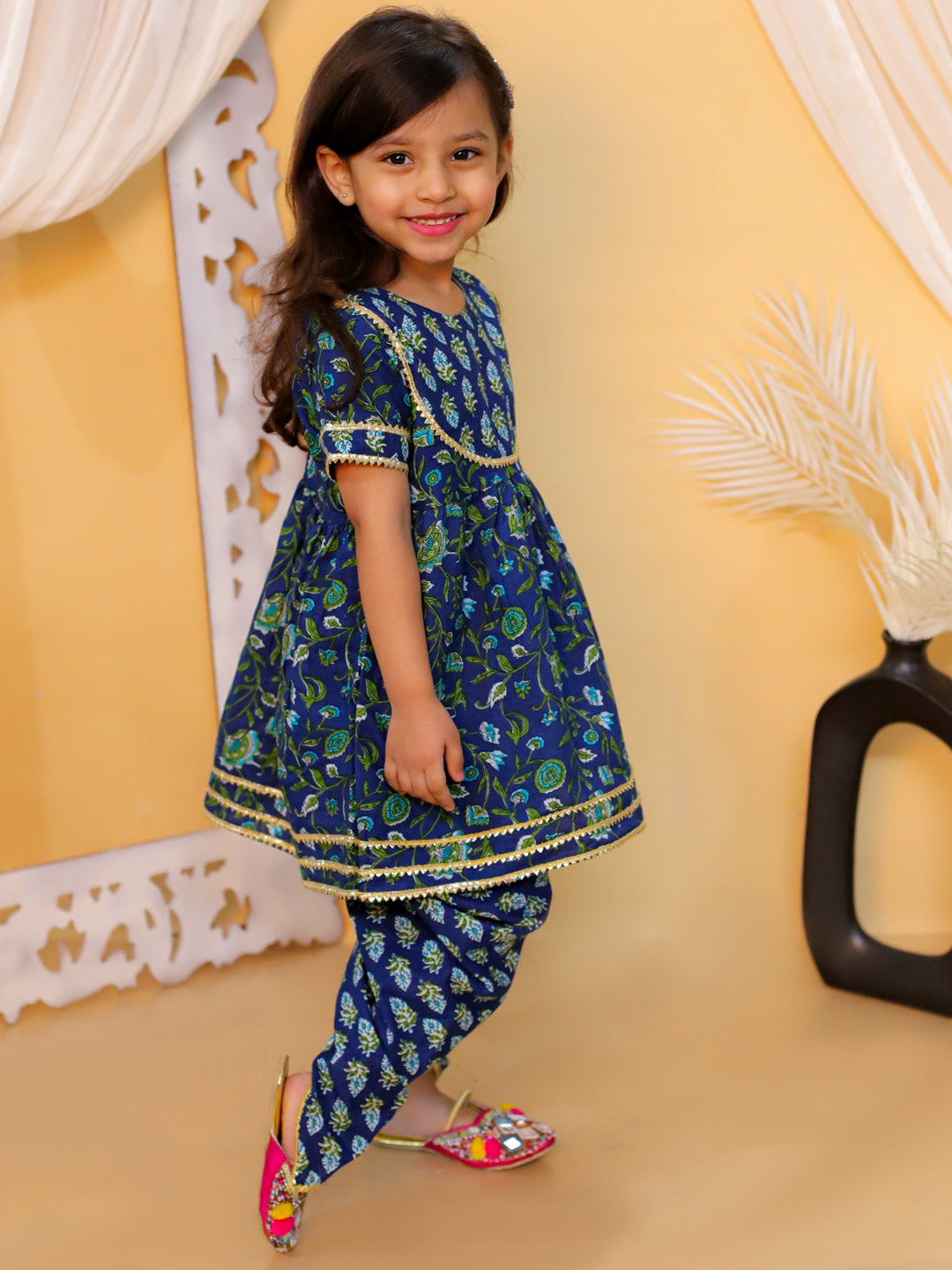 BownBee Sibling Set Pure Cotton Printed Kurta Dhoti with Pure Cotton Patch Top Dhoti-Blue