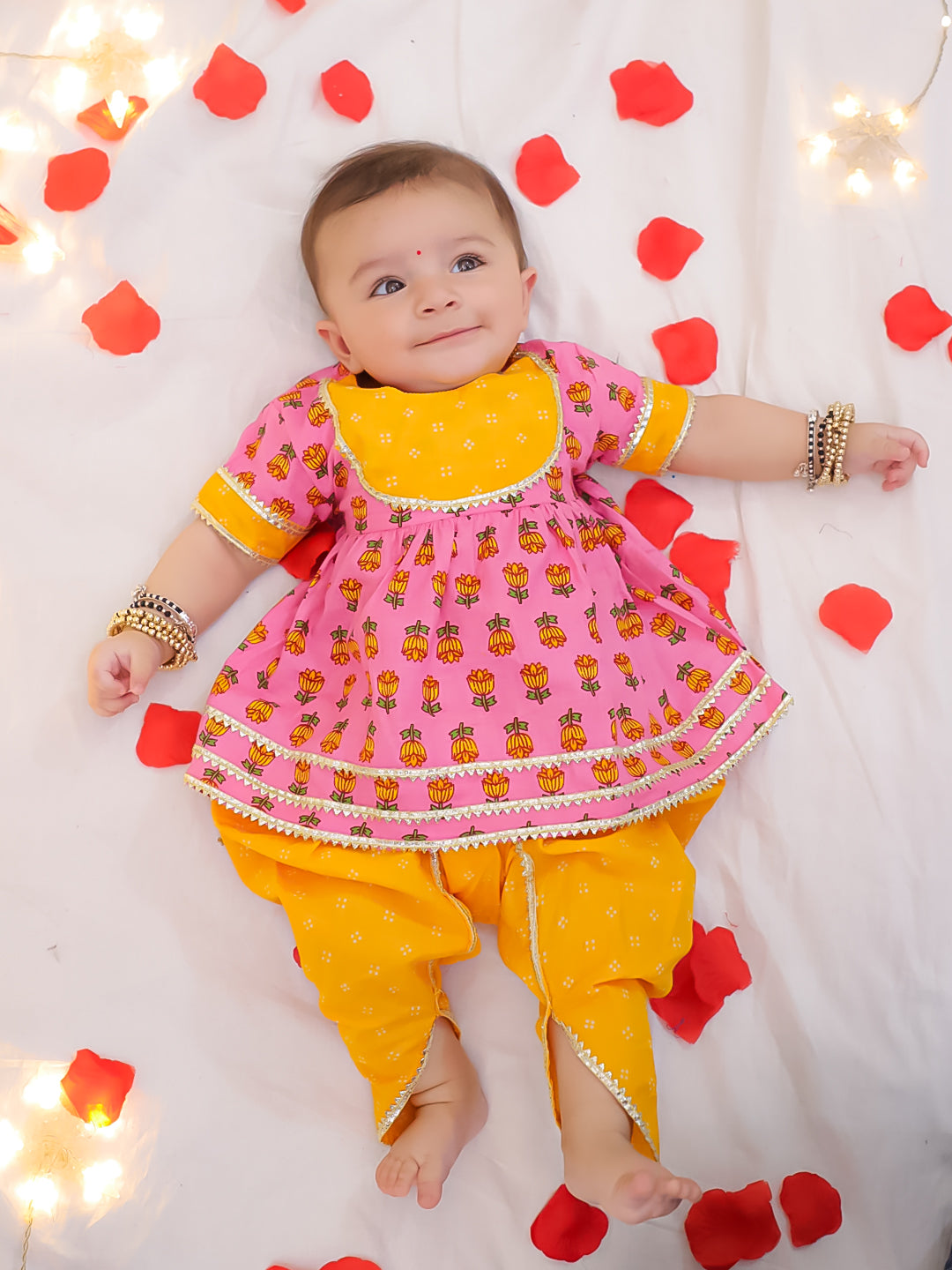 BownBee Floral Short Sleeves Dhoti Kurta Set For Girls - Pink