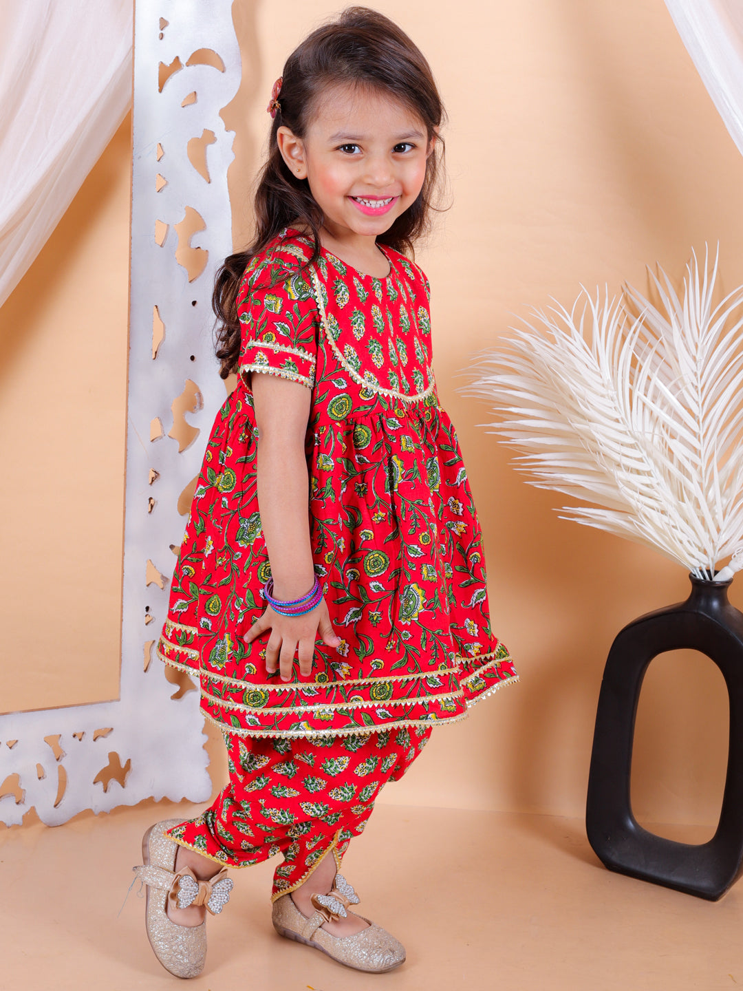 BownBee Girls Pure Cotton Floral Printed Top with Dhoti for Girls-Red