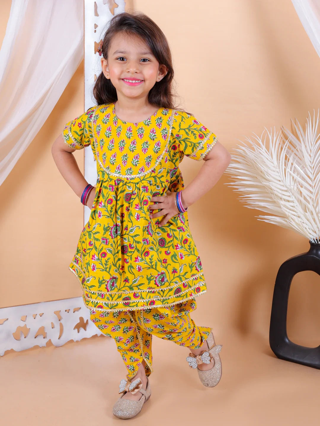 BownBee Girls Pure Cotton Floral  Printed Top with Dhoti for Girls