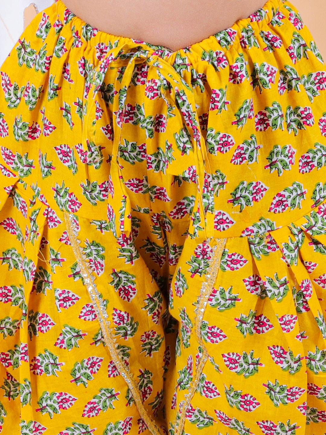 BownBee Girls Pure Cotton Floral  Printed Top with Dhoti for Girls-Yellow