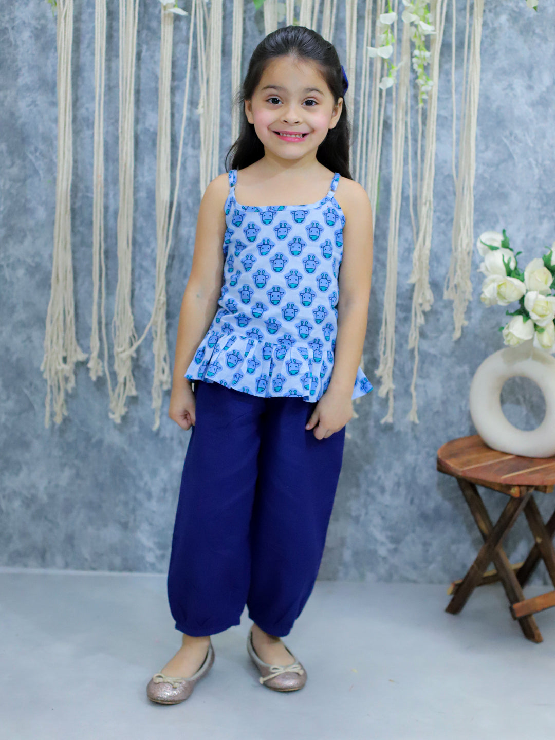 BownBee Pure Cotton Printed Top with Harem Pants for Girls- Blue