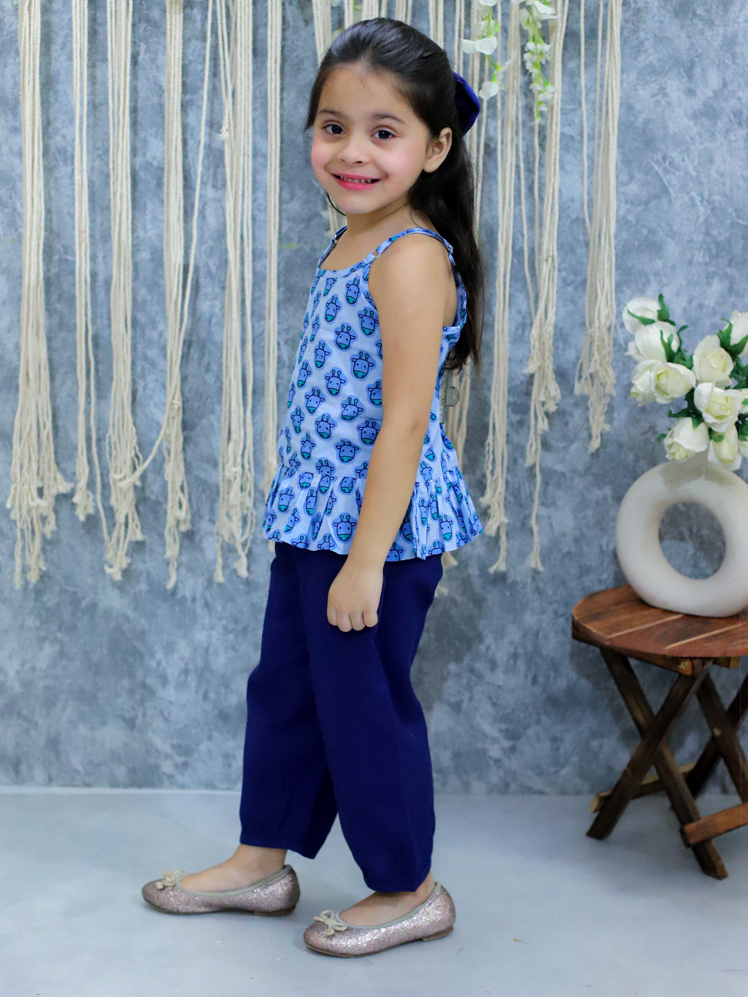 BownBee Pure Cotton Printed Top with Harem Pants for Girls- Blue