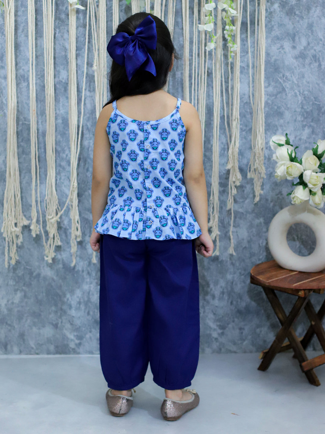 BownBee Pure Cotton Printed Top with Harem Pants for Girls- Blue