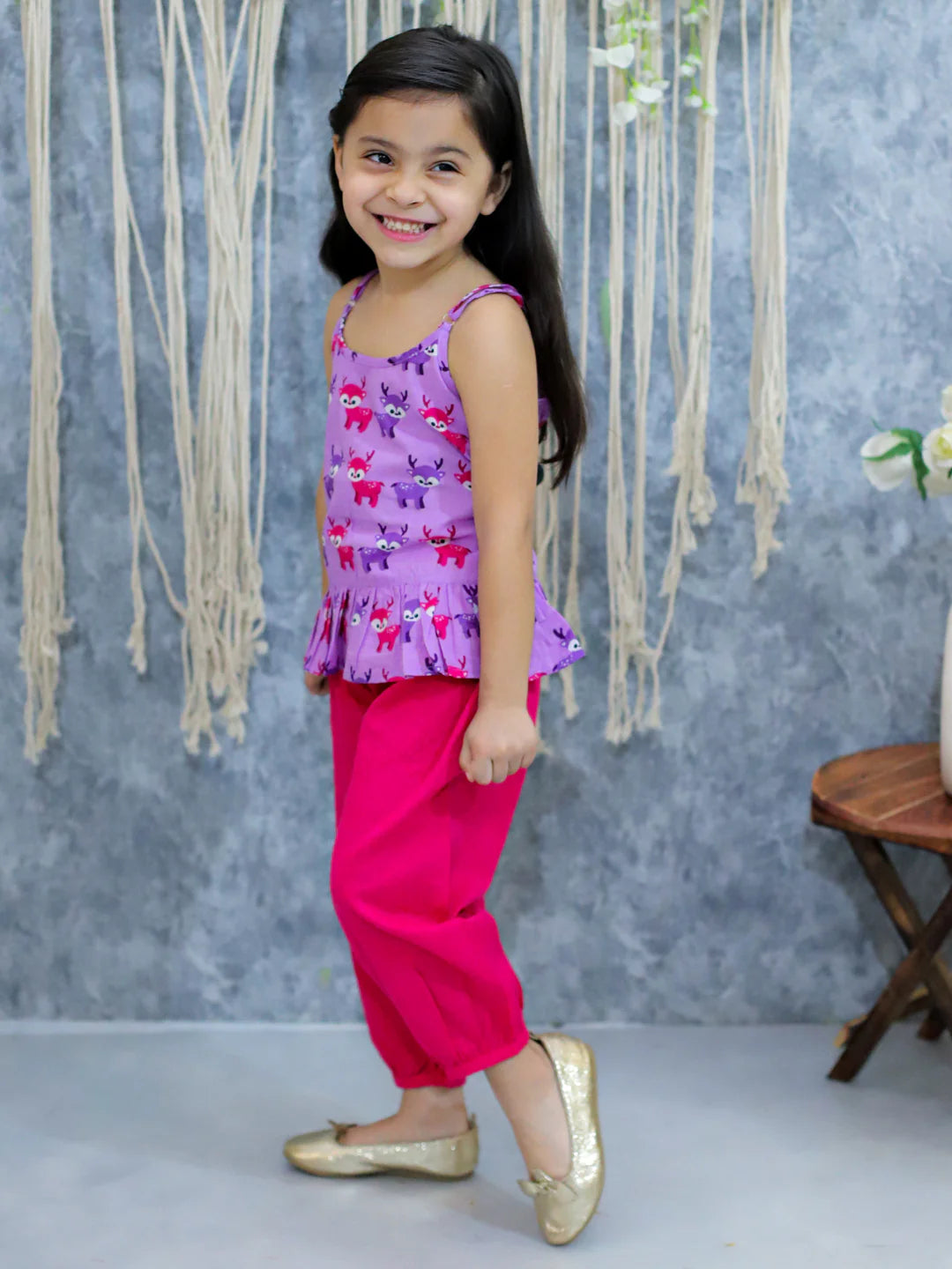 BownBee Pure Cotton Printed Top with Harem Pants for Girls