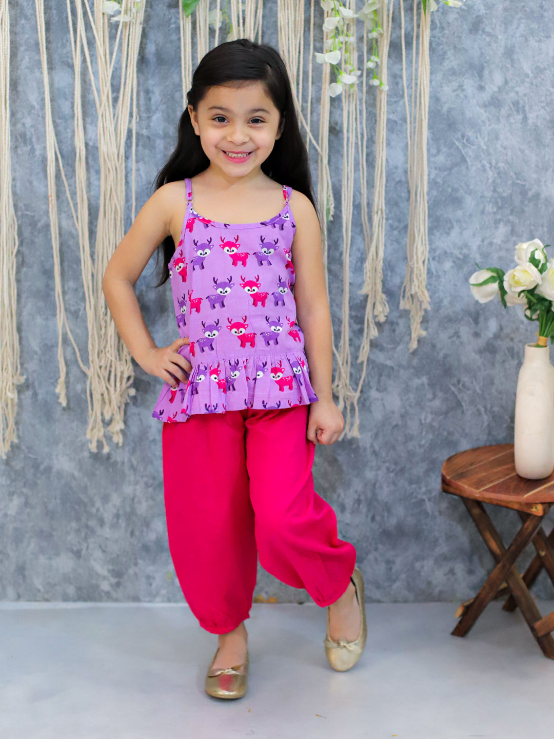 BownBee Pure Cotton Printed Top with Harem Pants for Girls- Purple