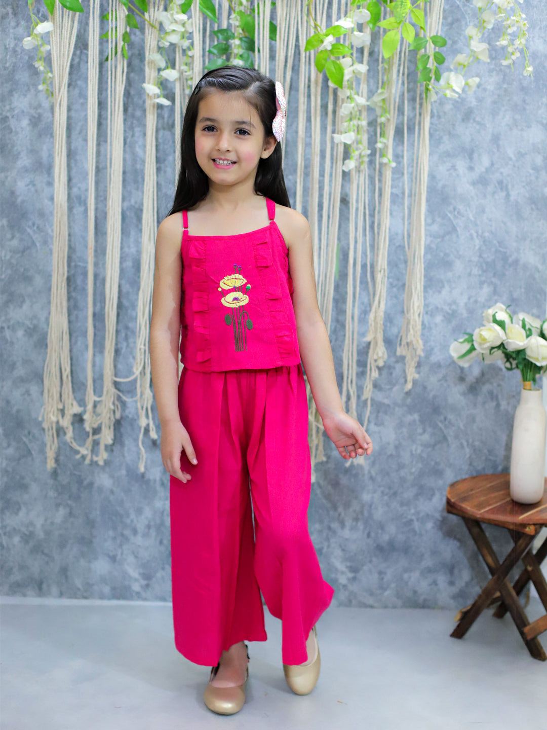 BownBee Girls Cotton Embroidered Spaghetti Top with Palazzo pant  Co Ords Pink