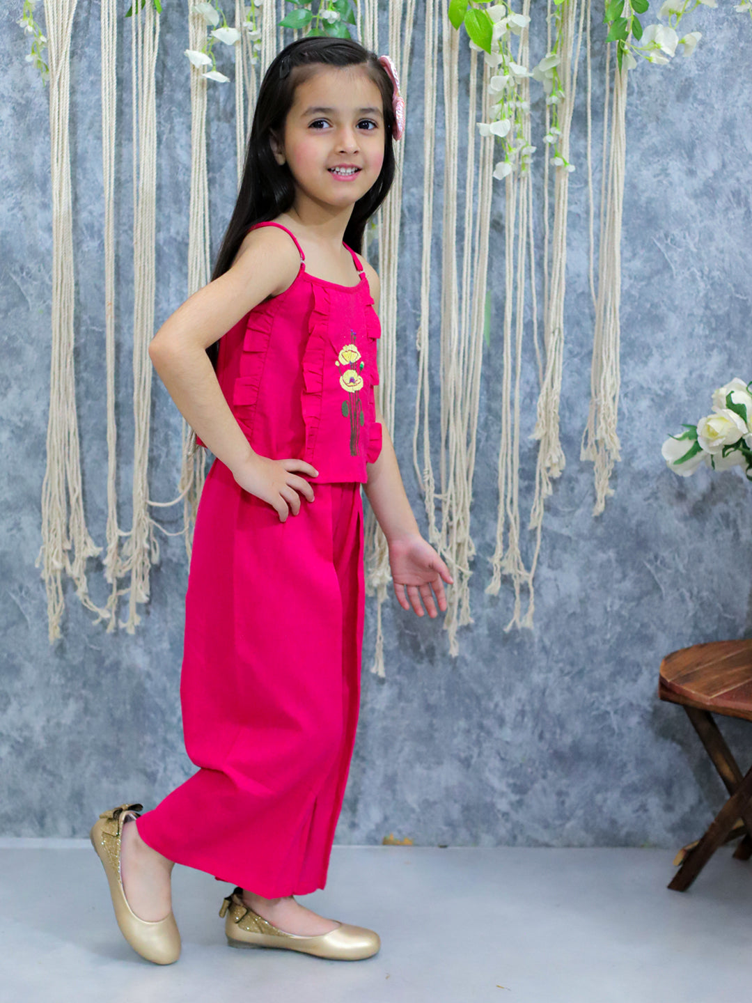 BownBee Girls Cotton Embroidered Spaghetti Top with Palazzo pant  Co Ords Pink