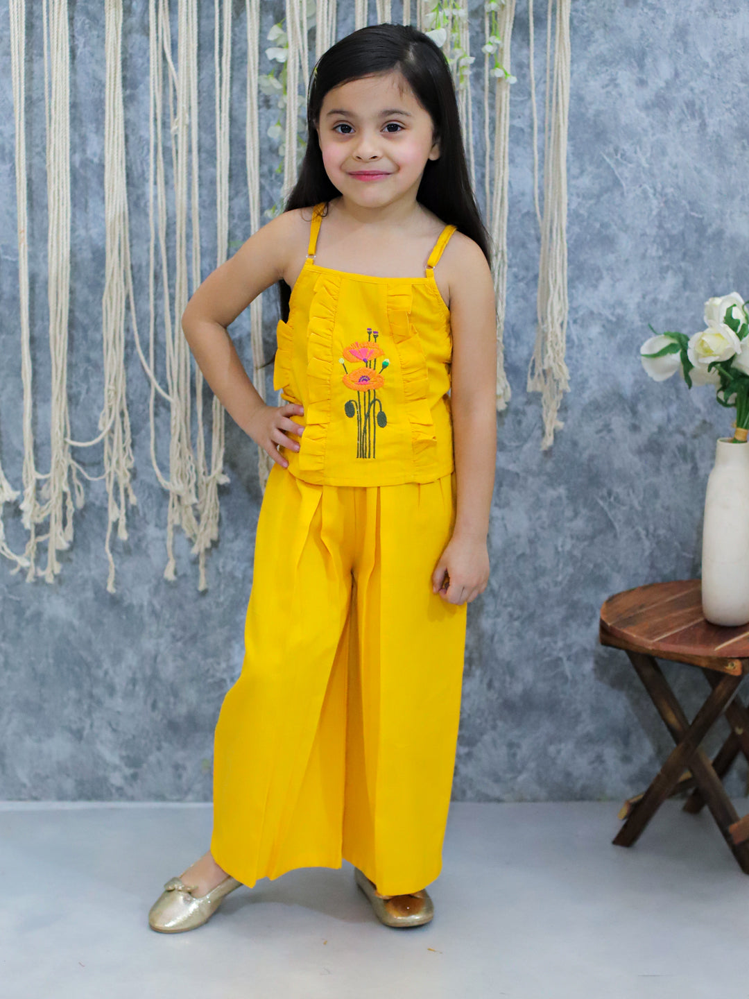 BownBee Girls Cotton Embroidered Spaghetti Top with Palazzo pant  Co Ords  Yellow