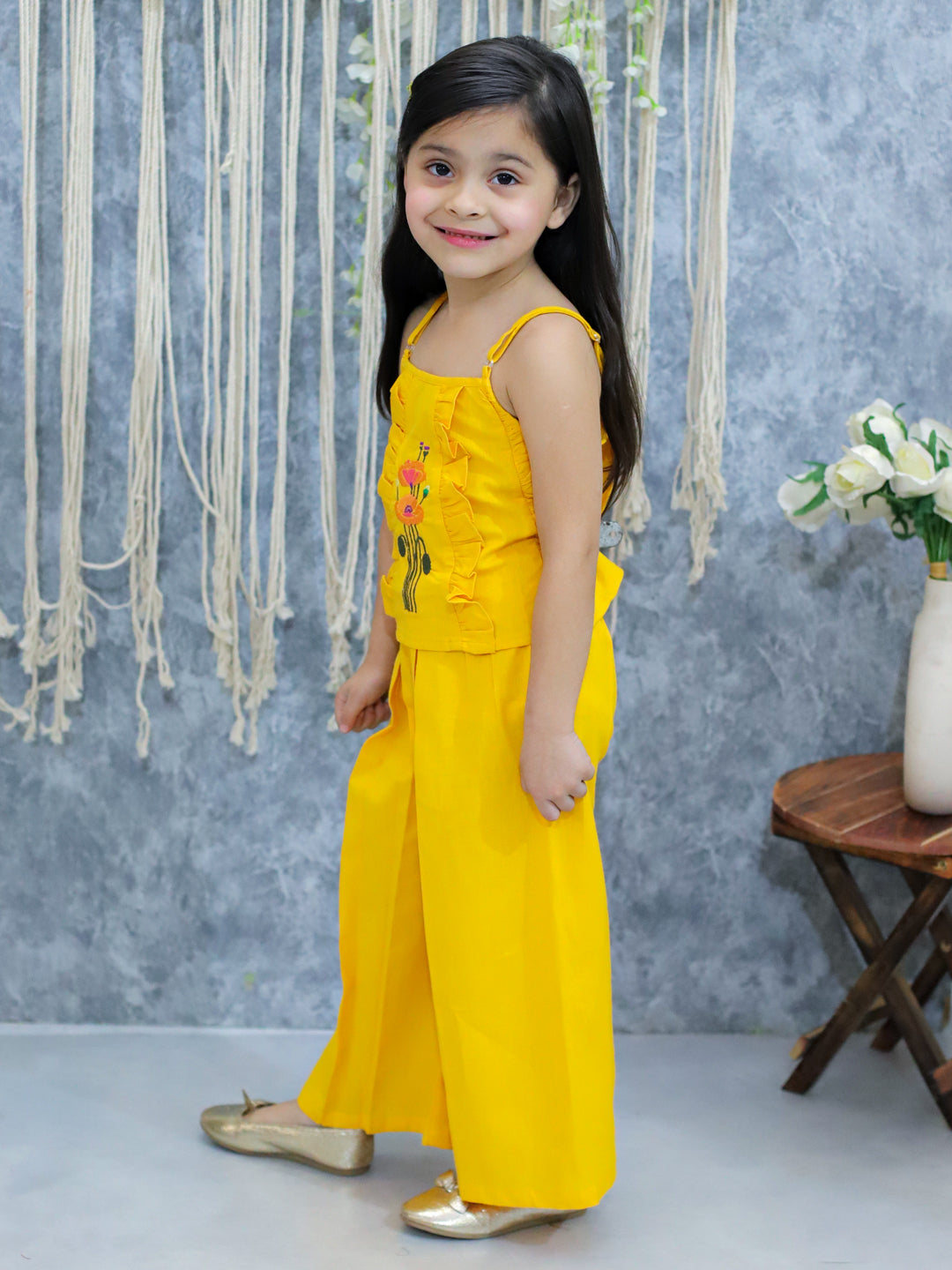 BownBee Girls Cotton Embroidered Spaghetti Top with Palazzo pant  Co Ords  Yellow