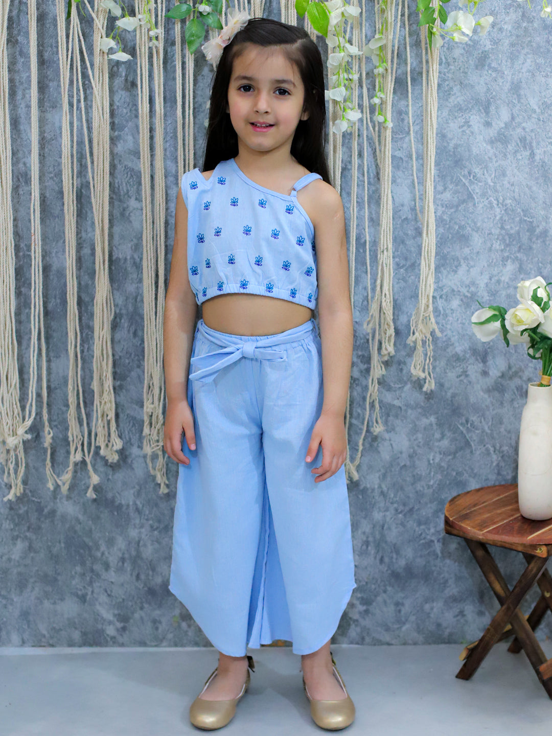BownBee Girls Cotton Embroidered Top with Palazzo Pants Co Ords- Blue