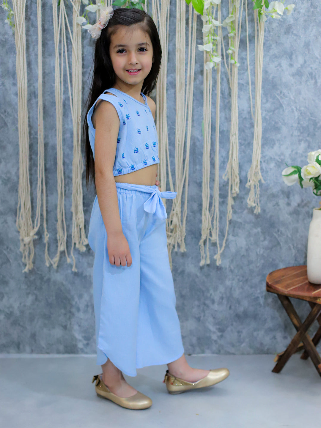 BownBee Girls Cotton Embroidered Top with Palazzo Pants Co Ords- Blue