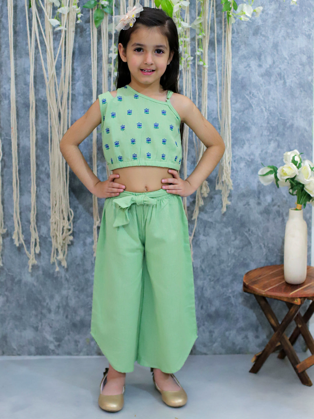 BownBee Girls Cotton Embroidered Top with Palazzo Pants Co Ords- Green