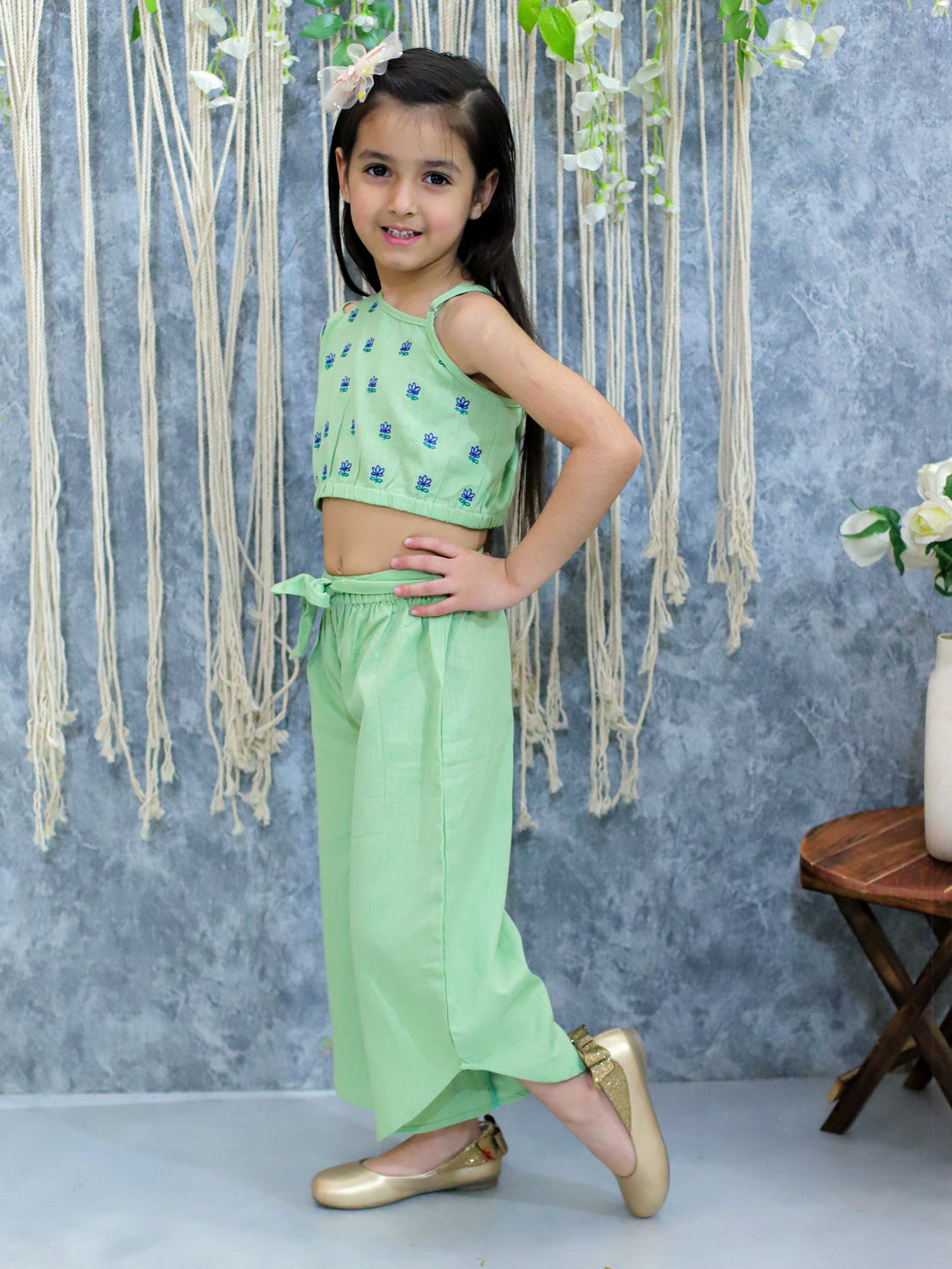 BownBee Girls Cotton Embroidered Top with Palazzo Pants Co Ords- Green