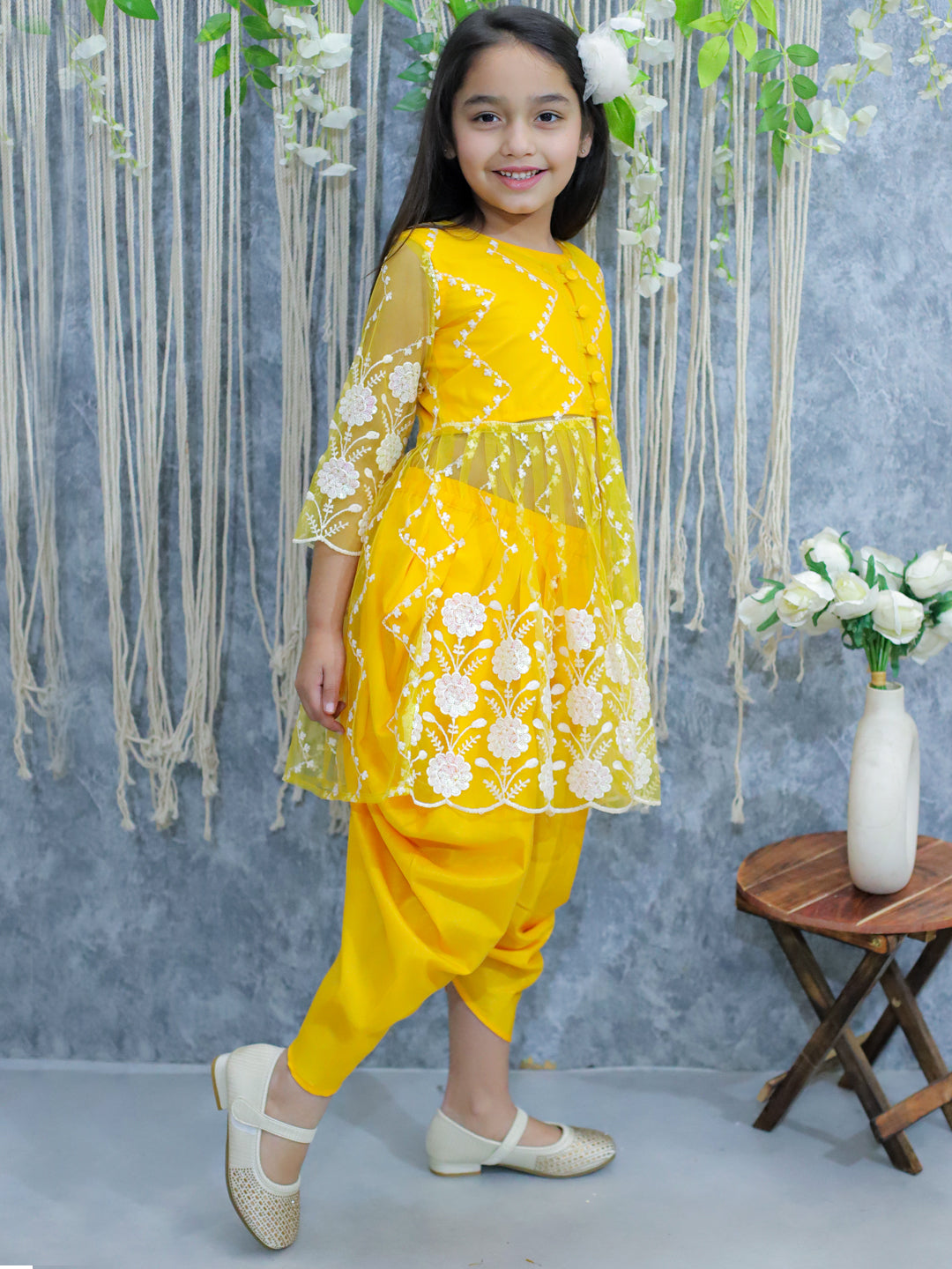 BownBee Embroidered Jacket with Top and Dhoti Set for Girls - Yellow