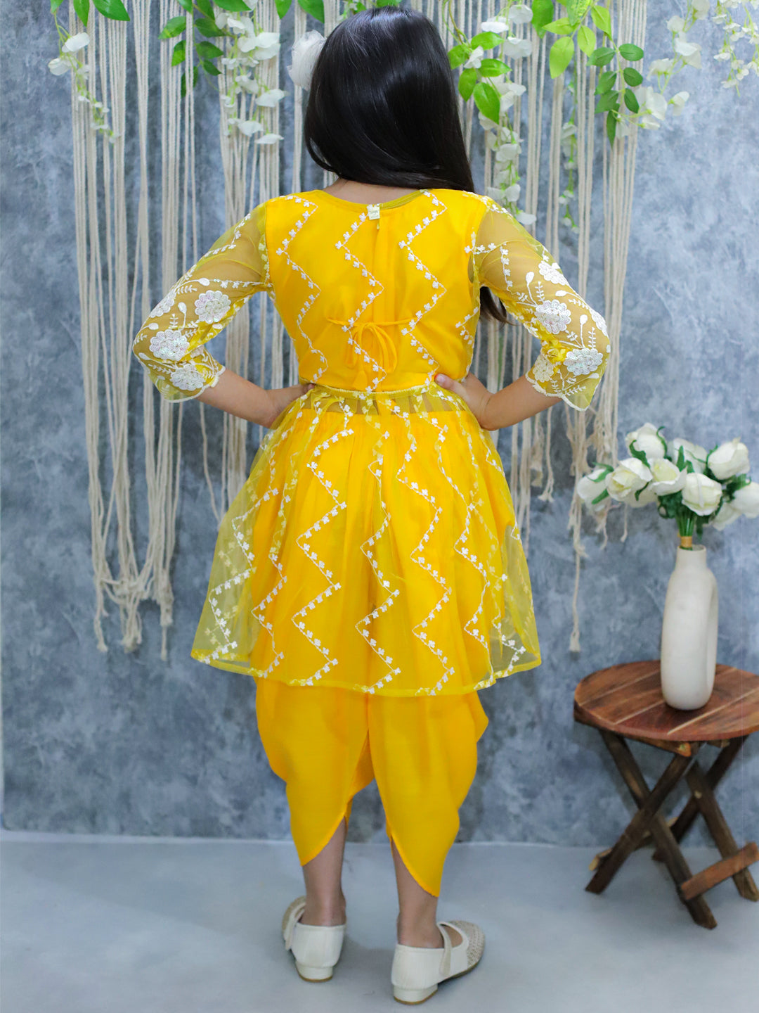 BownBee Embroidered Jacket with Top and Dhoti Set for Girls - Yellow