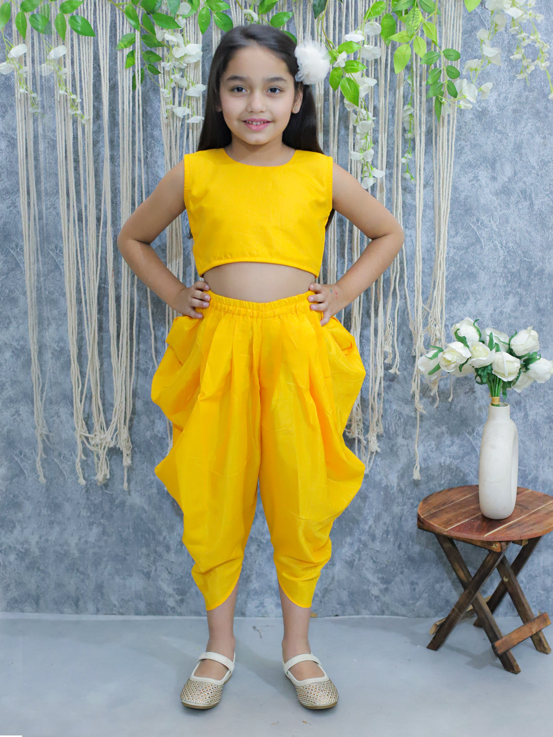 BownBee Embroidered Jacket with Top and Dhoti Set for Girls - Yellow