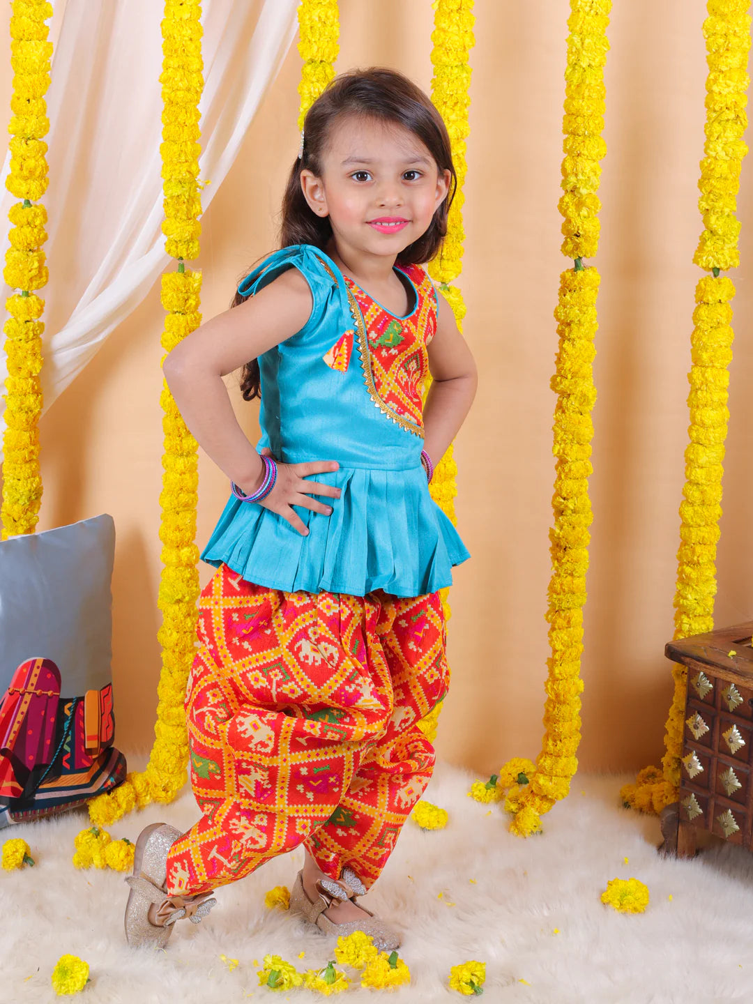 BownBee Gils Ethnic Patan Patola Patch Top with Printed Dhoti Indo Western