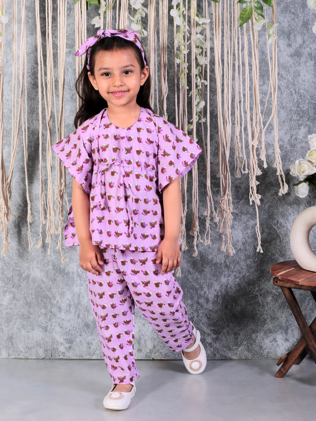 BownBee Pure Cotton Printed Kaftan with Pant and Headband Set