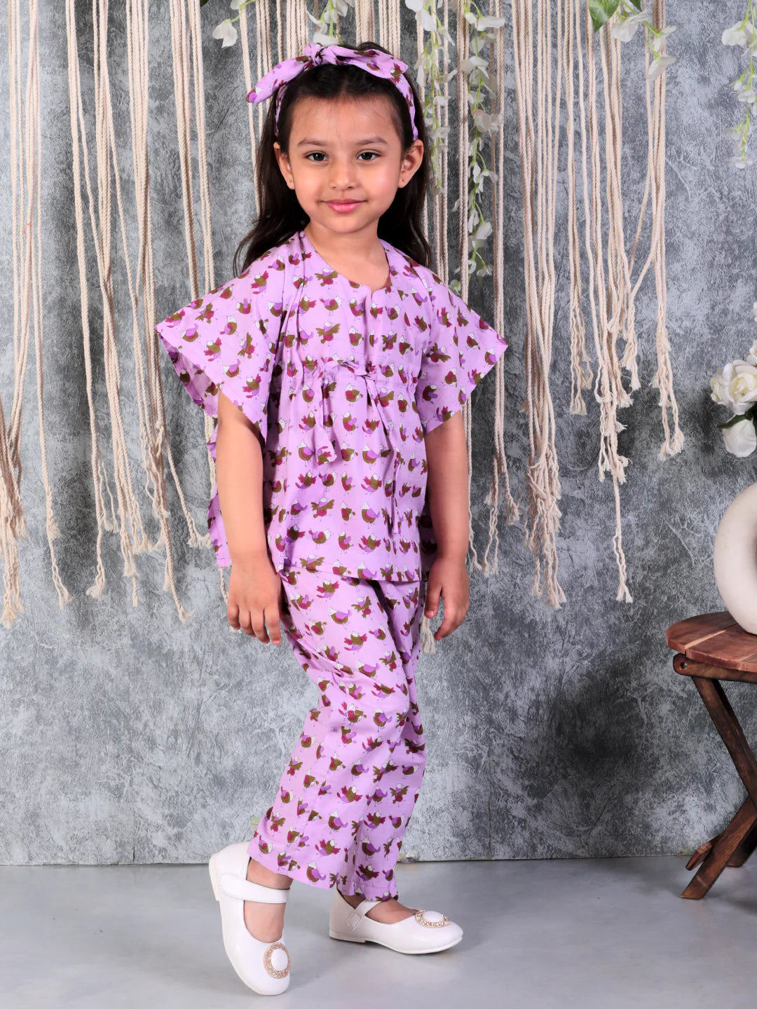 BownBee Pure Cotton Printed Kaftan with Pant and Headband Set