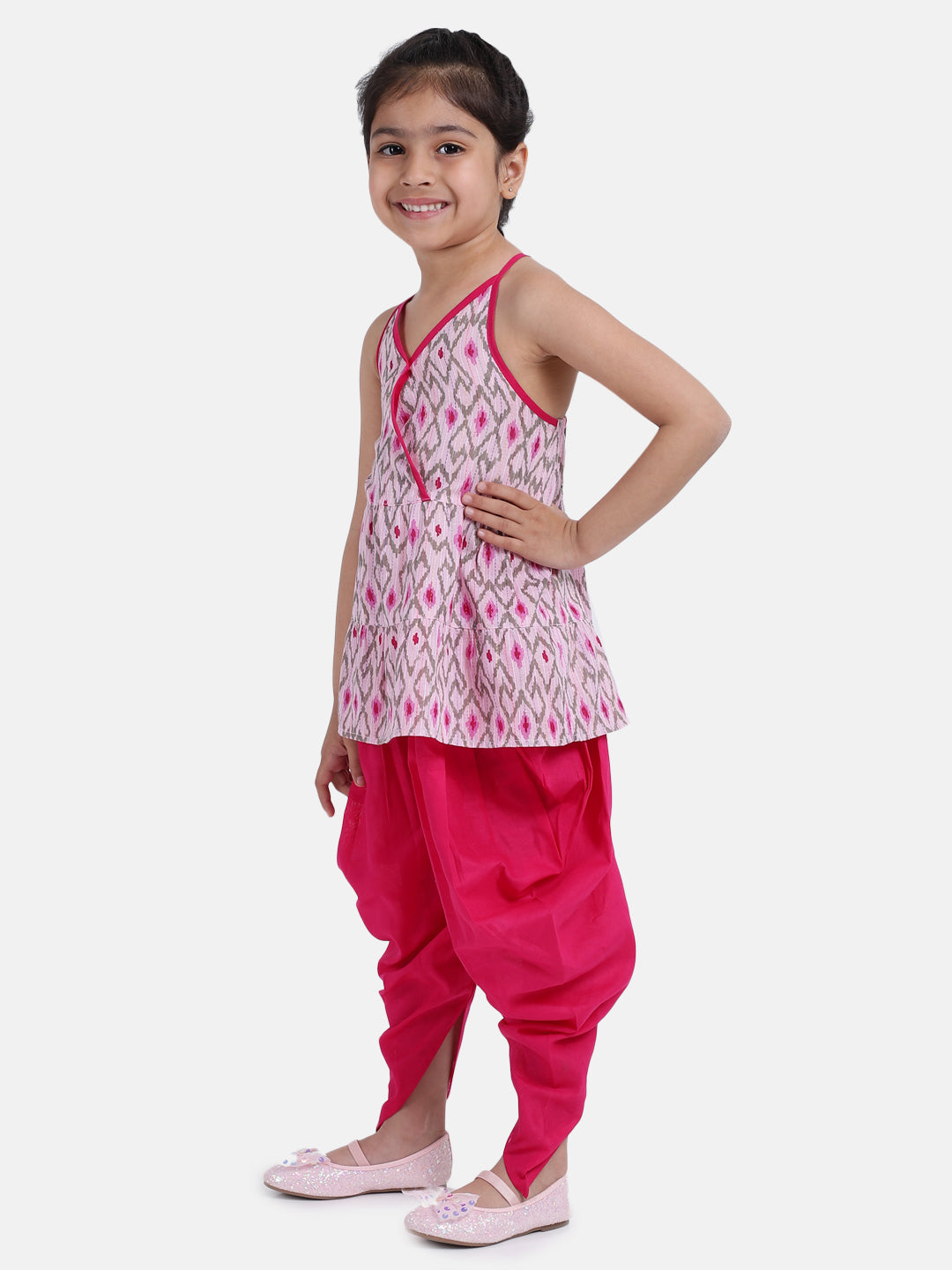 BownBee Girls Cambric Cotton Halter Neck Top Dhoti - Pink