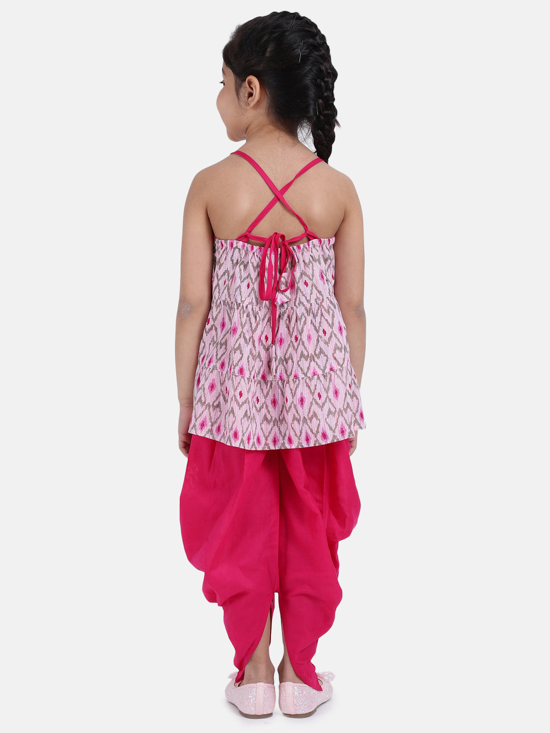 BownBee Girls Cambric Cotton Halter Neck Top Dhoti - Pink