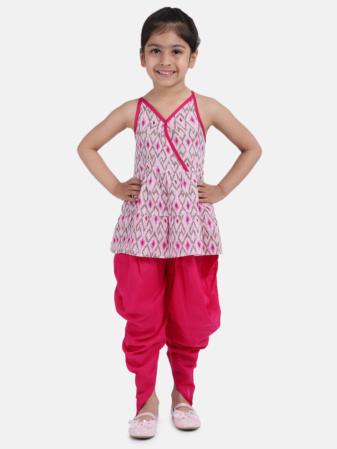 BownBee Girls Cambric Cotton Halter Neck Top Dhoti - Pink