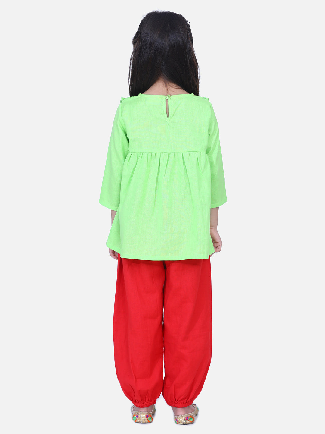 BownBee Girls Cotton Full Sleeve Top with Harem- Green
