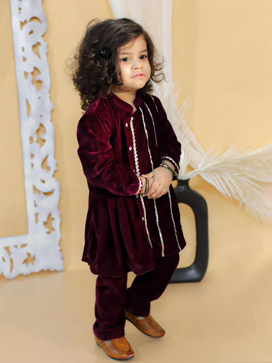 BownBee Front Open Velvet Full Sleeve Kurta with Pajama for Boys- Purple(Pre-Order)