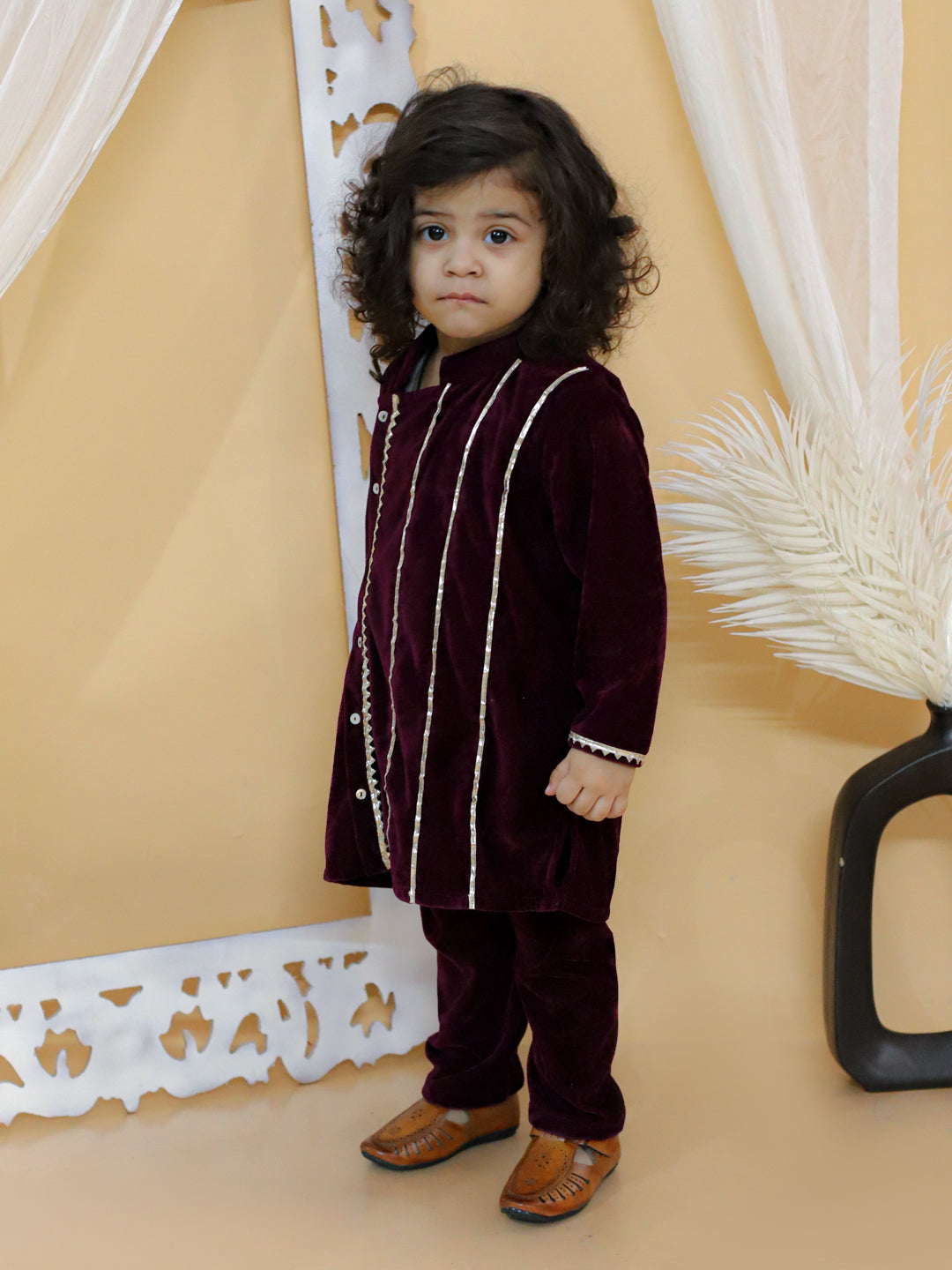 BownBee Front Open Velvet Full Sleeve Kurta with Pajama for Boys- Purple(Pre-Order)