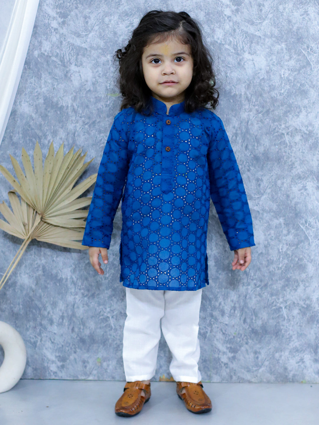 BownBee Chikan Full Sleeve Cotton Kurta with Pajama for Boys- Blue