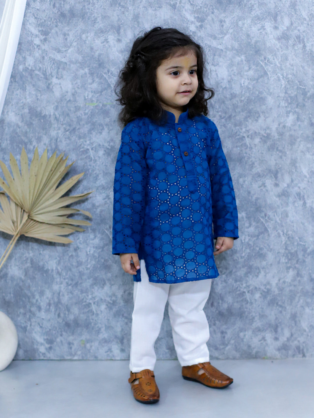 BownBee Chikan Full Sleeve Cotton Kurta with Pajama for Boys- Blue