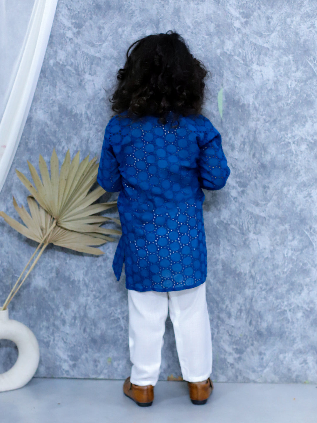 BownBee Chikan Full Sleeve Cotton Kurta with Pajama for Boys- Blue