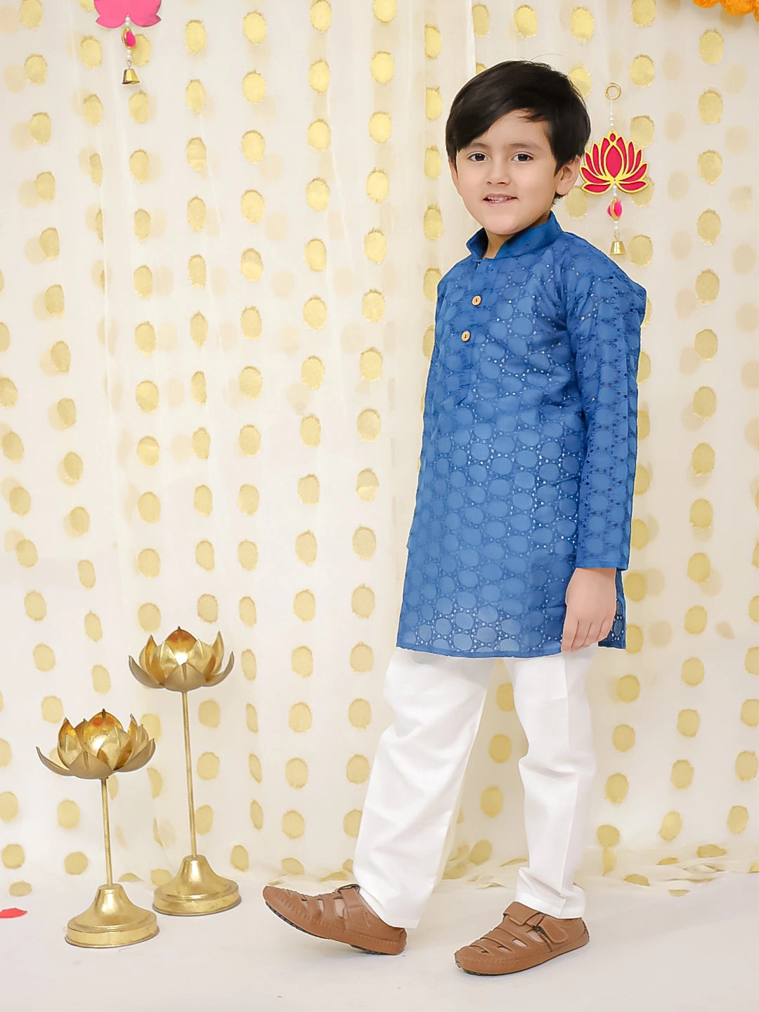 BownBee Chikan Full Sleeve Cotton Kurta with Pajama for Boys