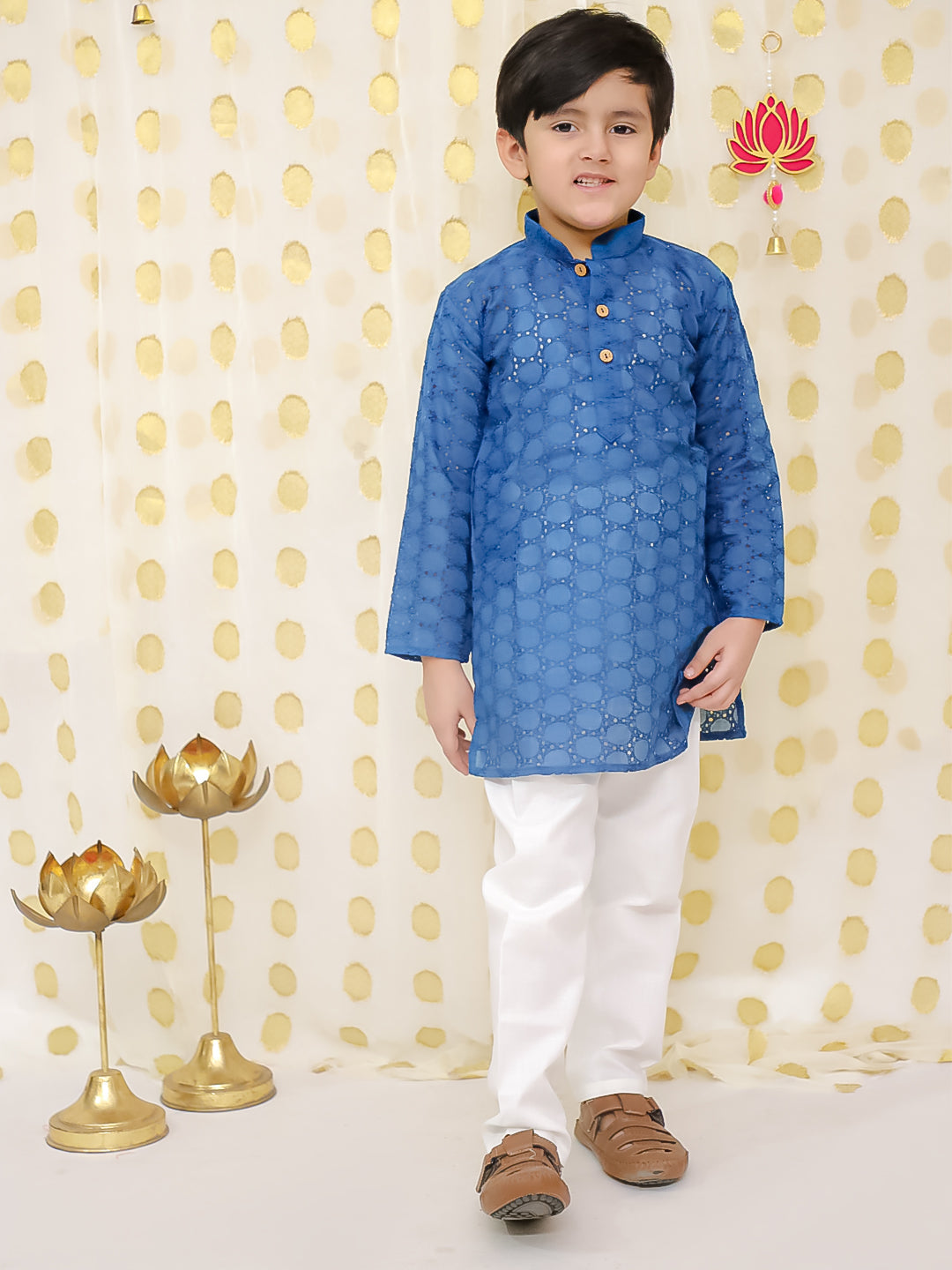 BownBee Chikan Full Sleeve Cotton Kurta with Pajama for Boys- Blue