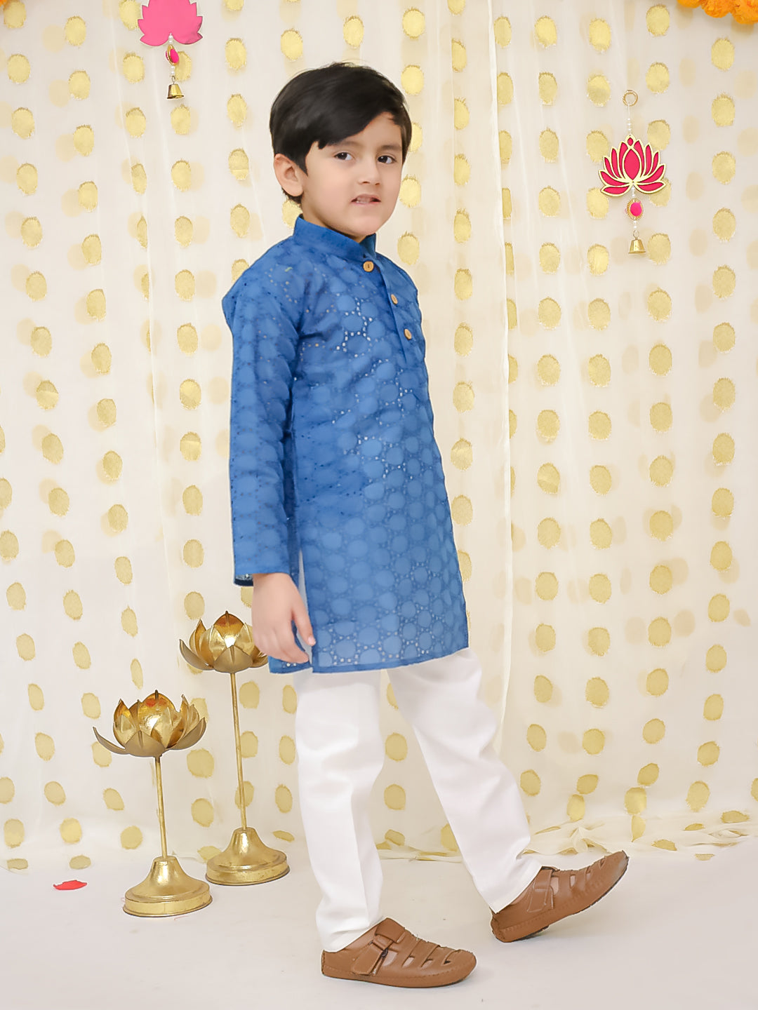 BownBee Chikan Full Sleeve Cotton Kurta with Pajama for Boys- Blue