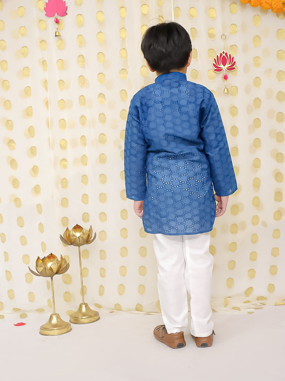 BownBee Chikan Full Sleeve Cotton Kurta with Pajama for Boys- Blue