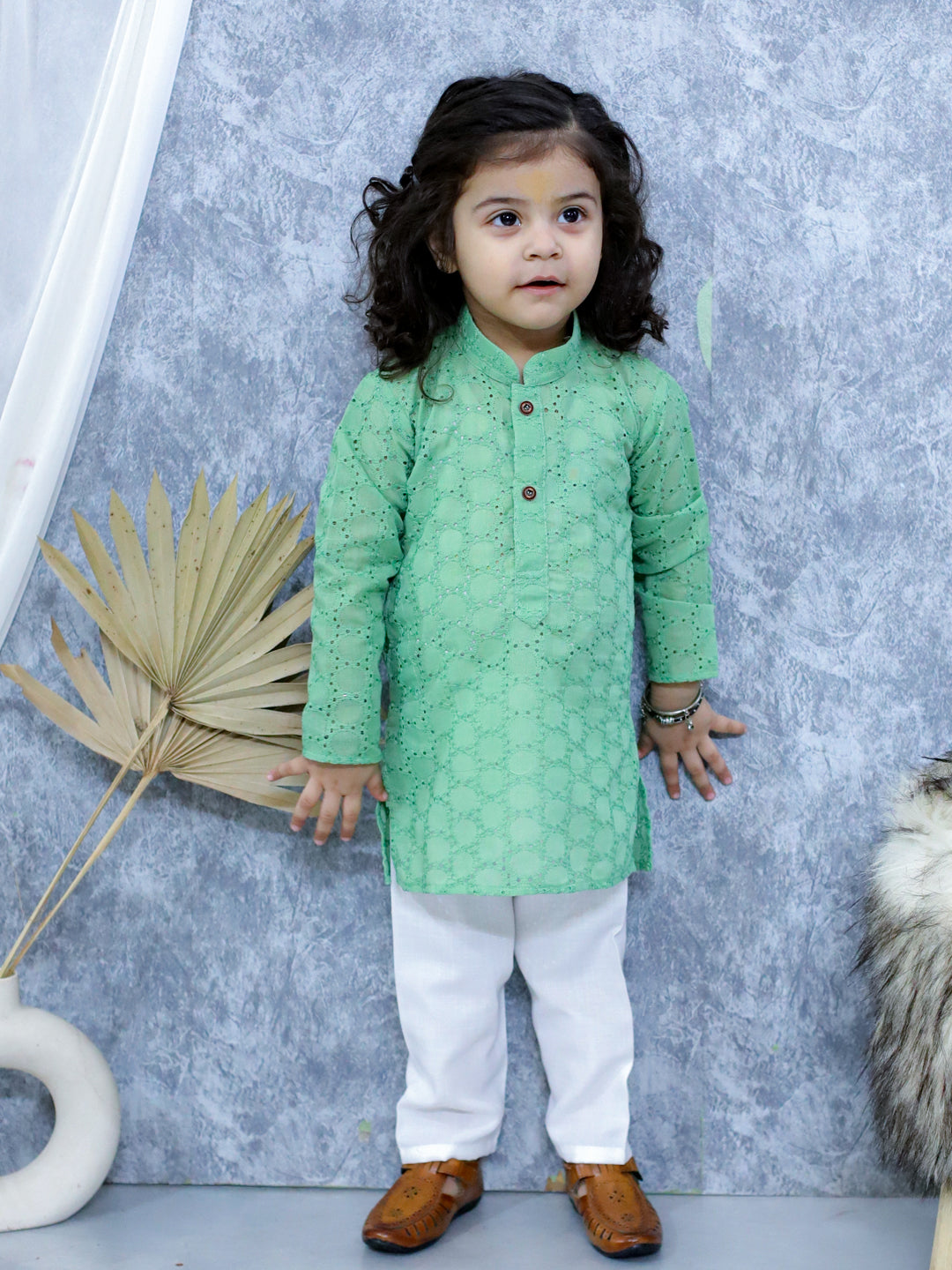 BownBee Chikan Full Sleeve Cotton Kurta with Pajama for Boys- Green