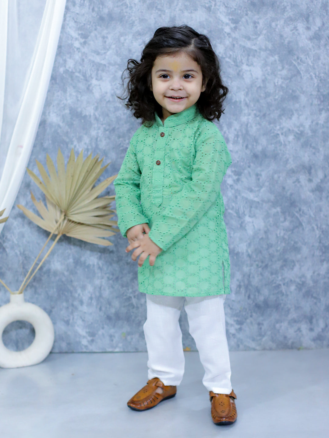 BownBee Chikan Full Sleeve Cotton Kurta with Pajama for Boys- Green