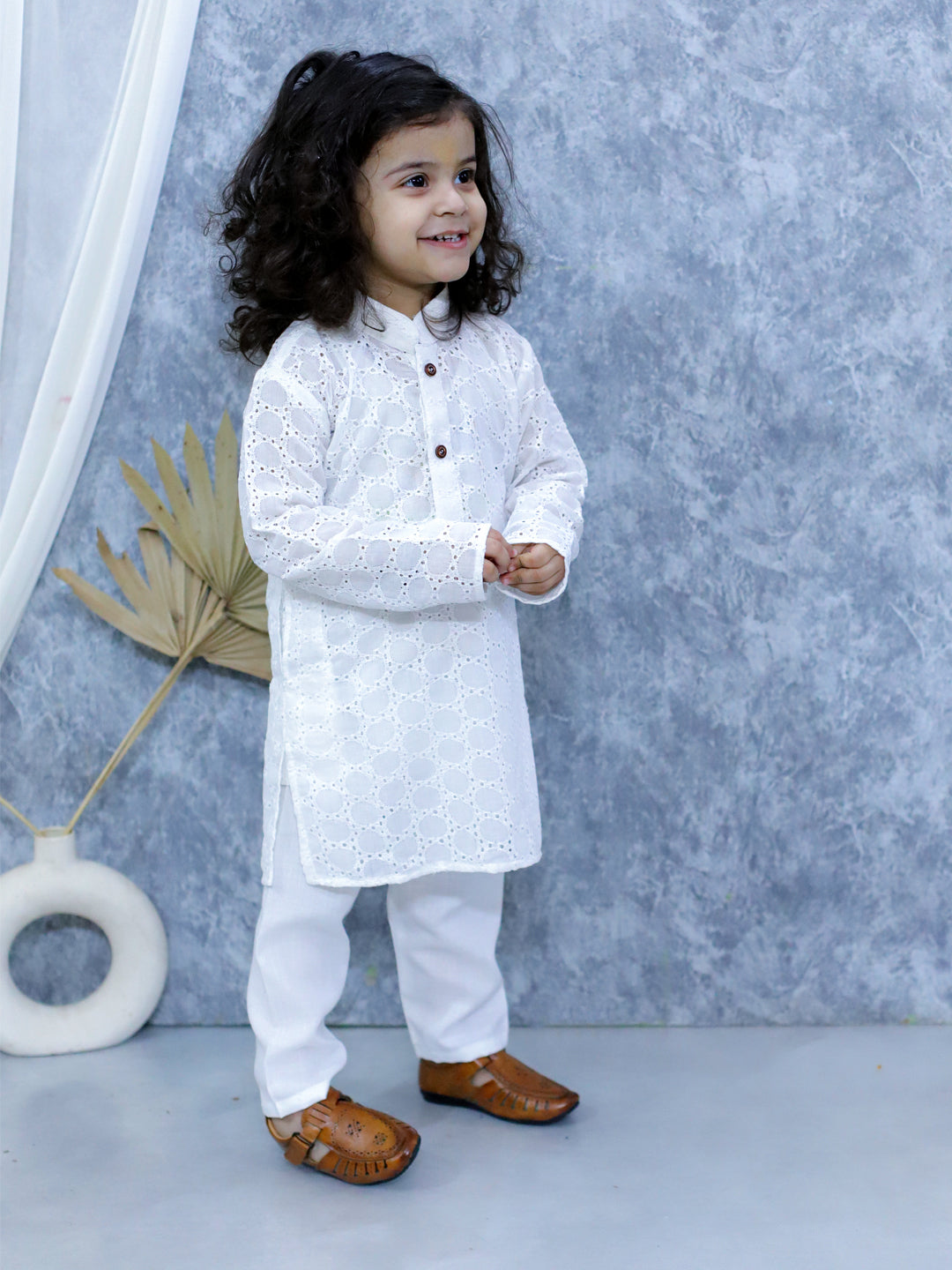 BownBee Chikan Full Sleeve Cotton Kurta with Pajama for Boys- White