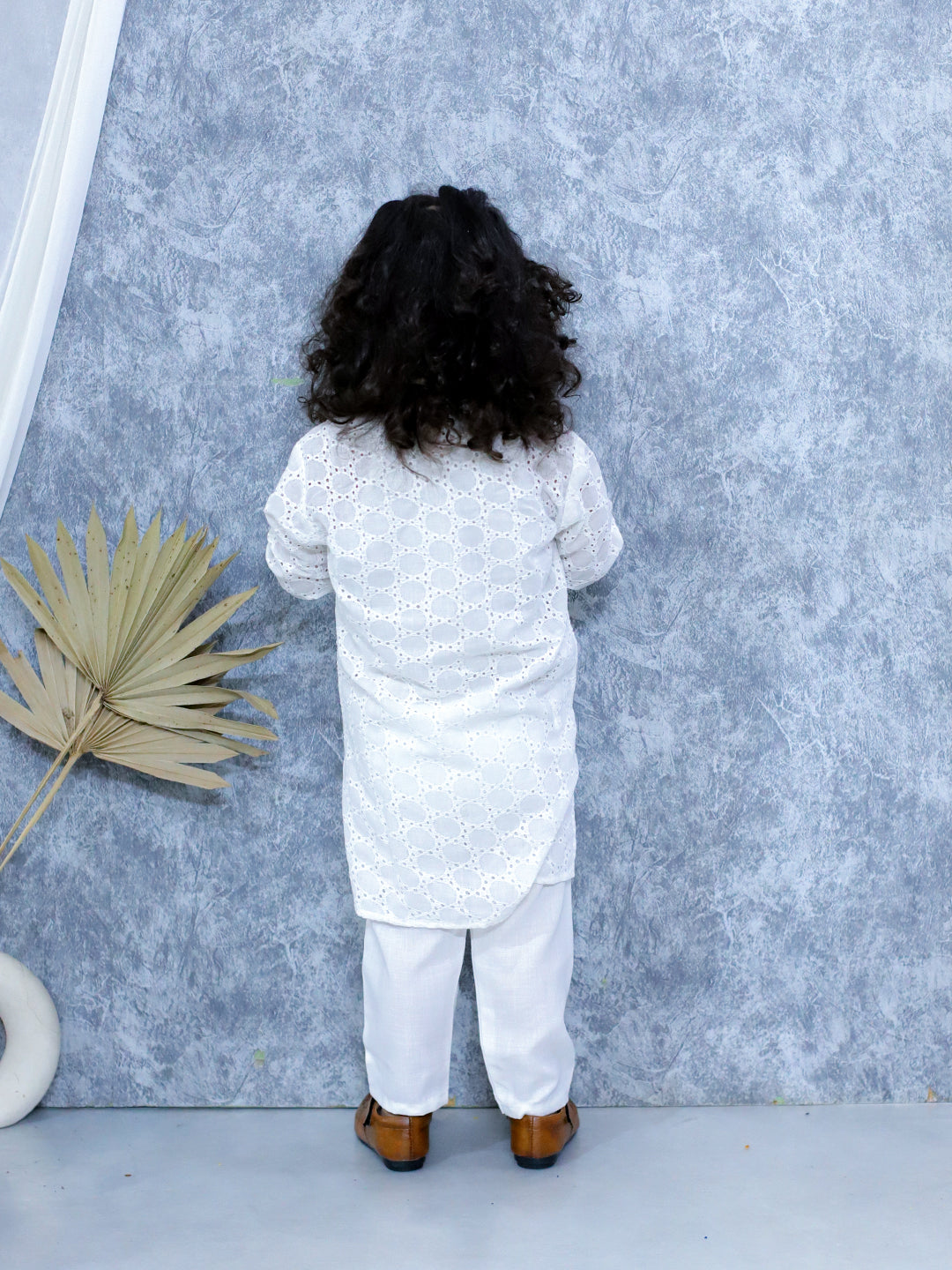 BownBee Chikan Full Sleeve Cotton Kurta with Pajama for Boys- White