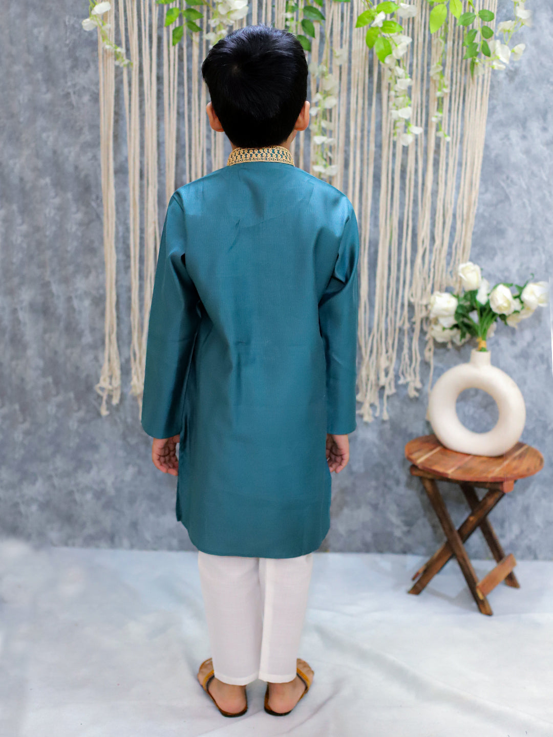 BownBee Embroidery Full Sleeve Cotton Kurta with Pajama for Boys- Green