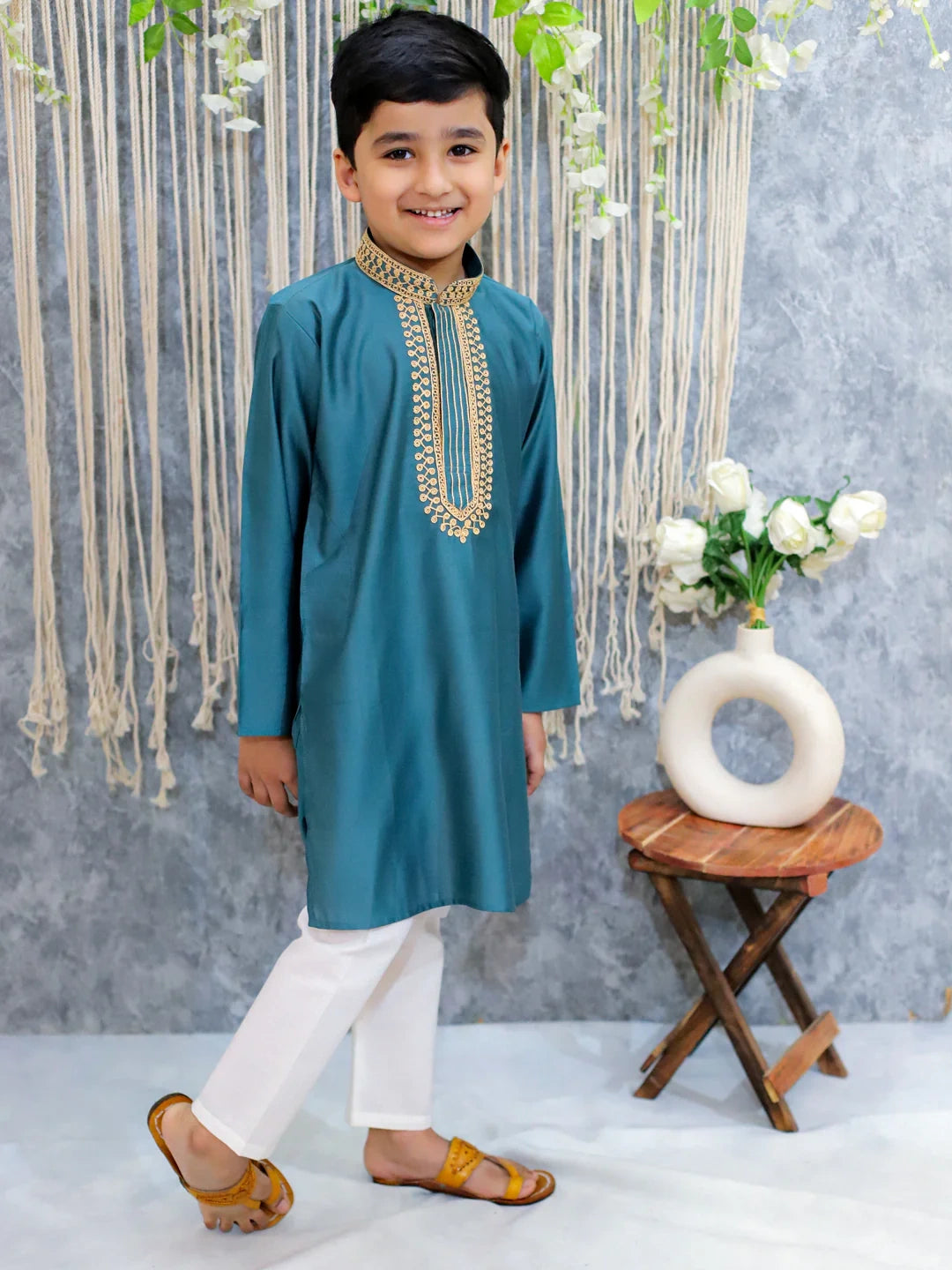 BownBee Embroidery Full Sleeve Cotton Kurta with Pajama for Boys