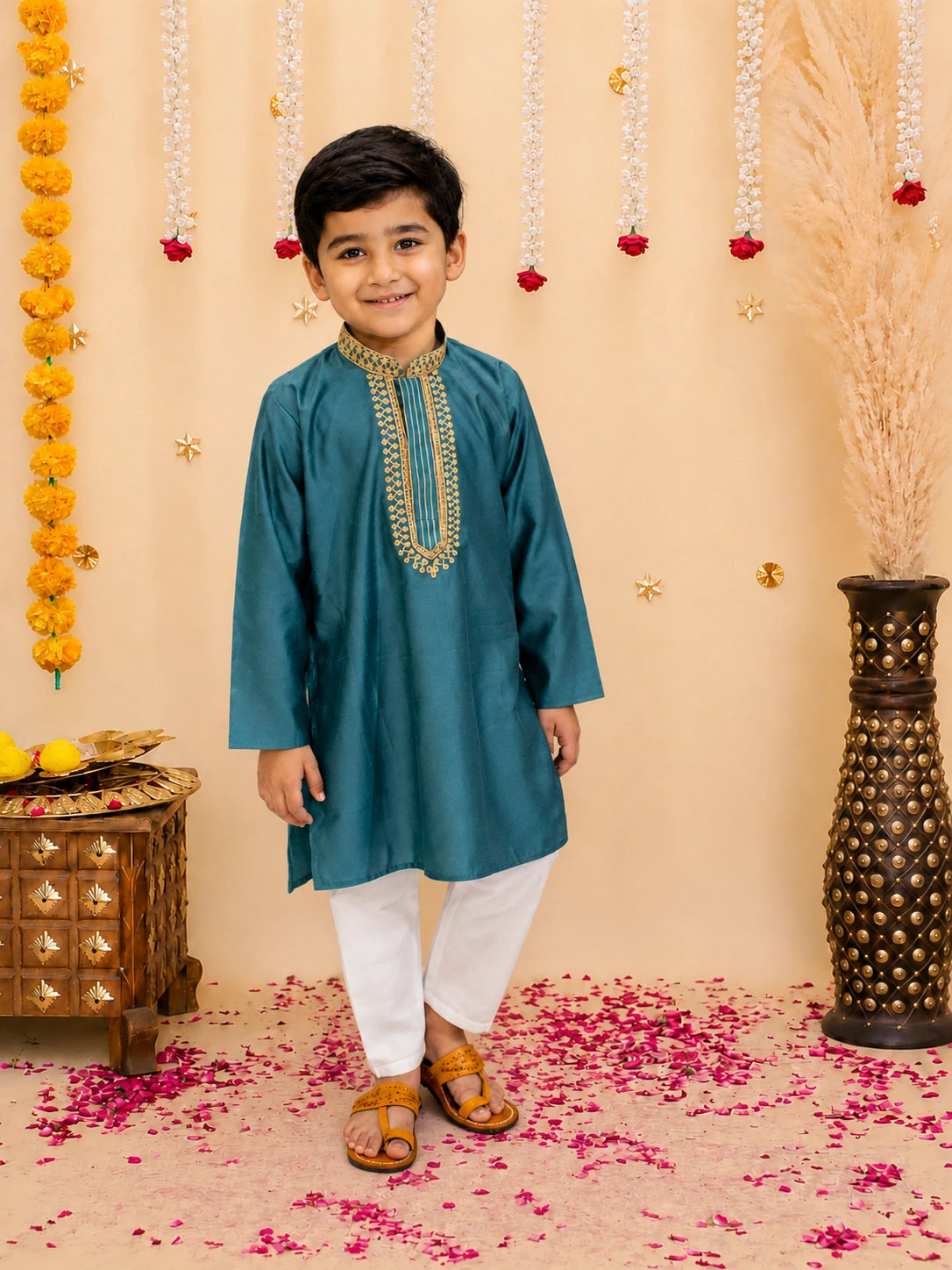 Bownbee Embroidery Full Sleeve Cotton Kurta with Pajama for Boys