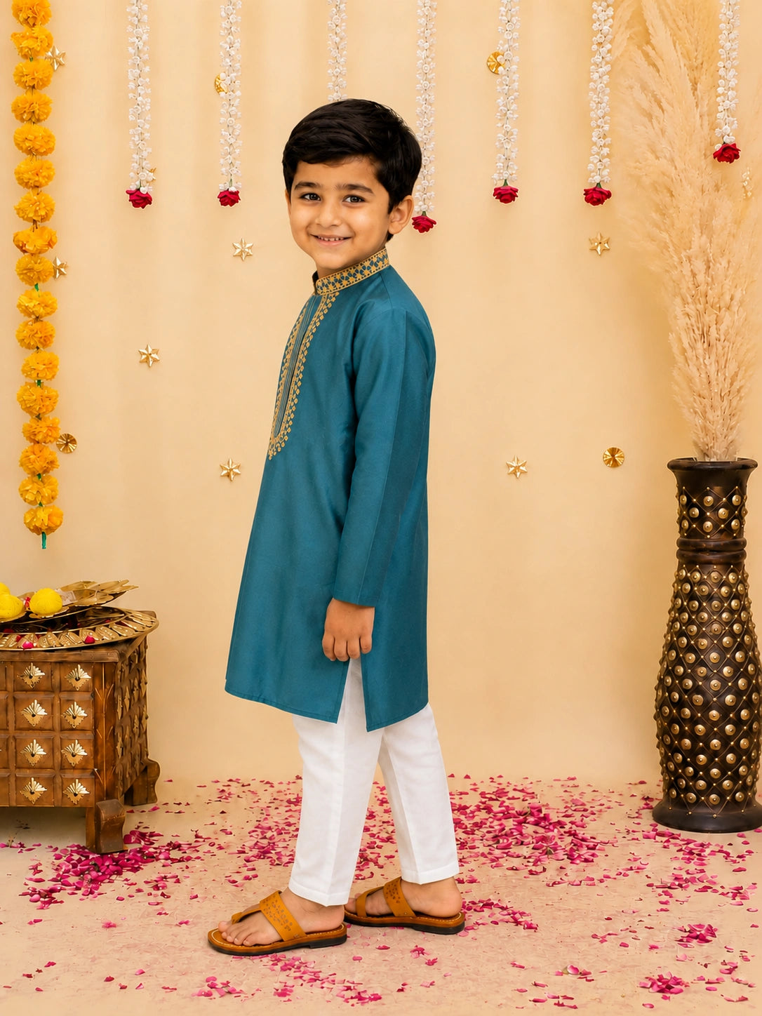 Bownbee Embroidery Full Sleeve Cotton Kurta with Pajama for Boys