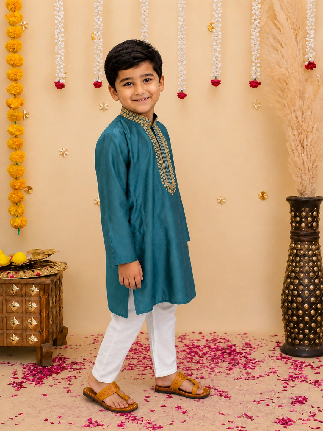 Bownbee Embroidery Full Sleeve Cotton Kurta with Pajama for Boys