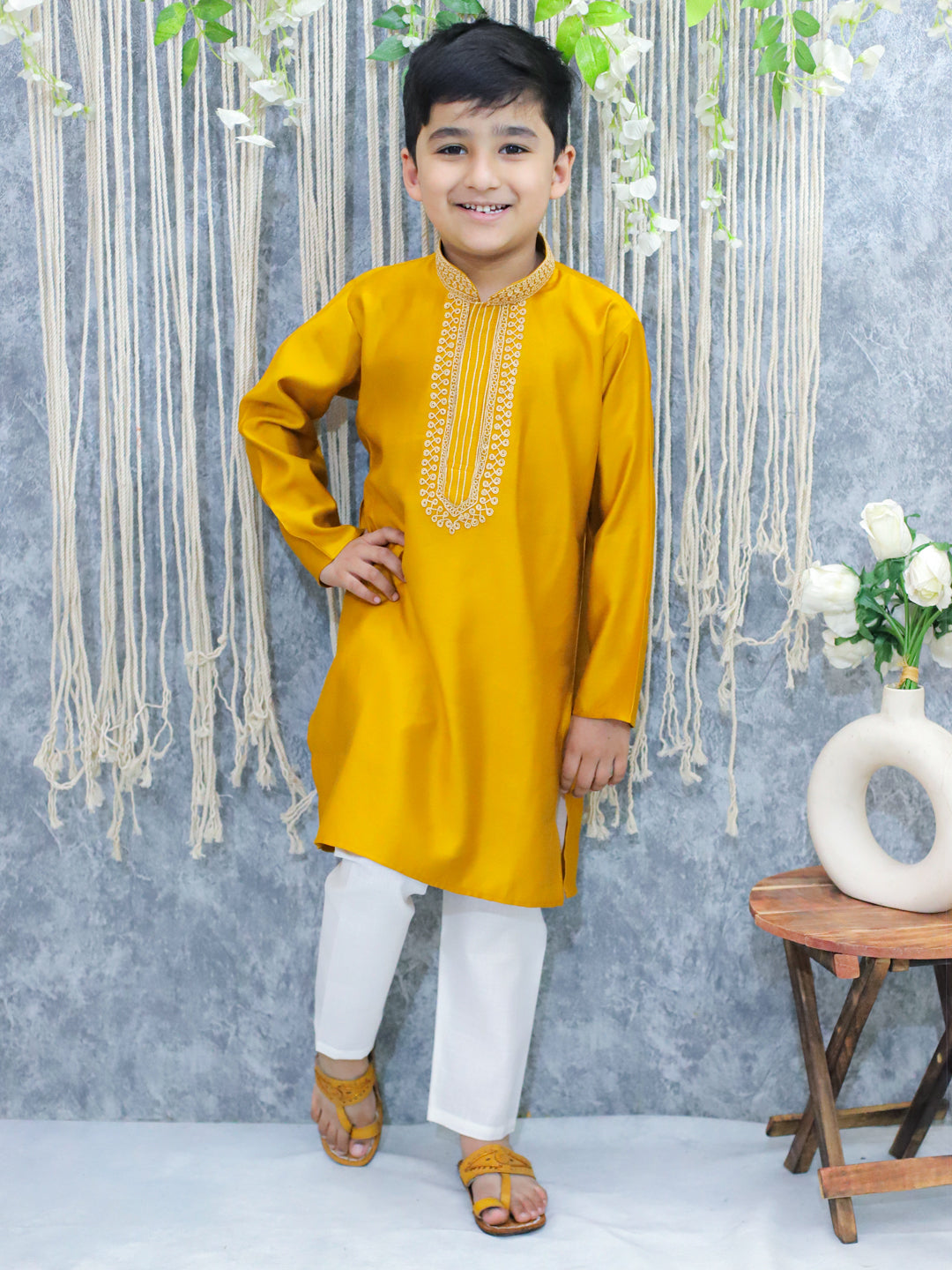 BownBee Embroidery Full Sleeve Cotton Kurta with Pajama for Boys- Yellow